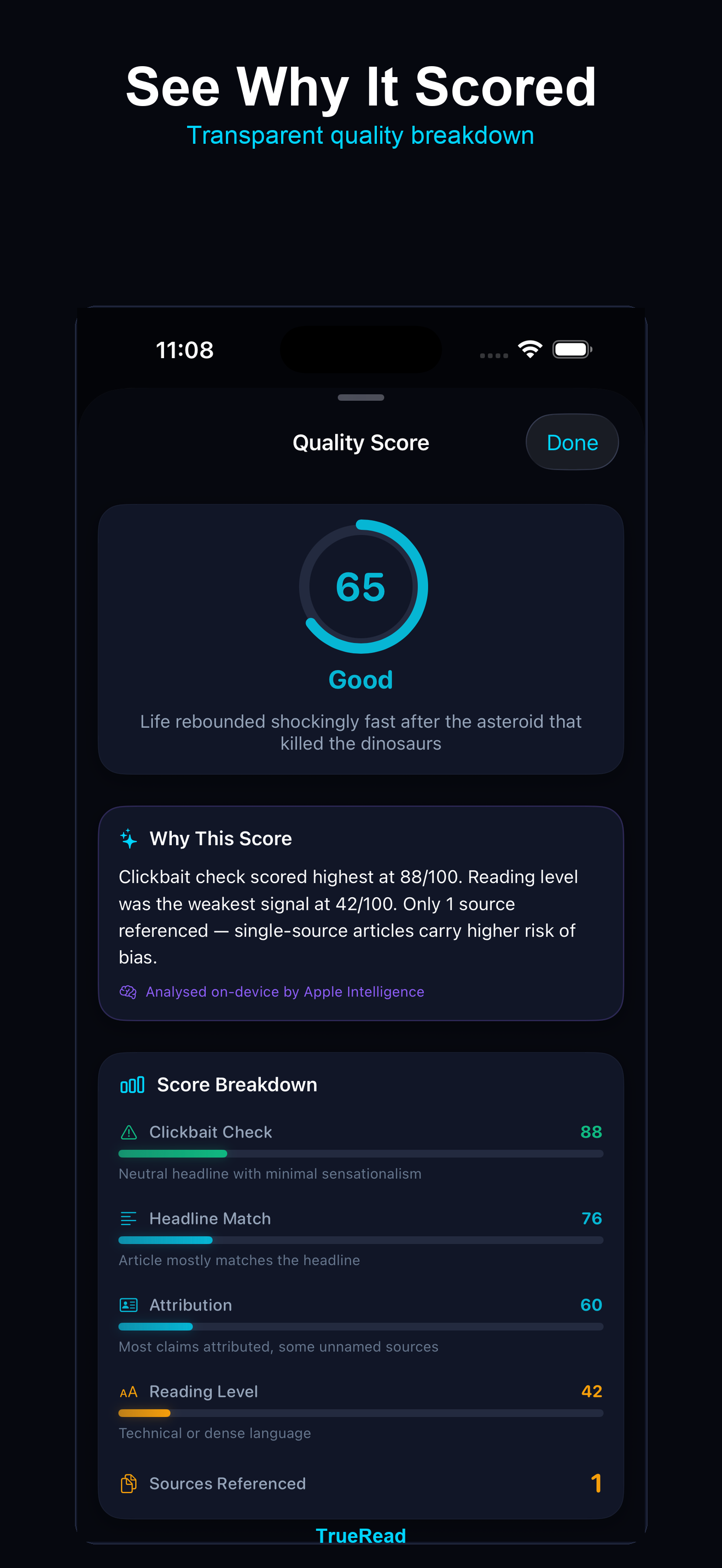TrueRead Quality Breakdown — scoring details