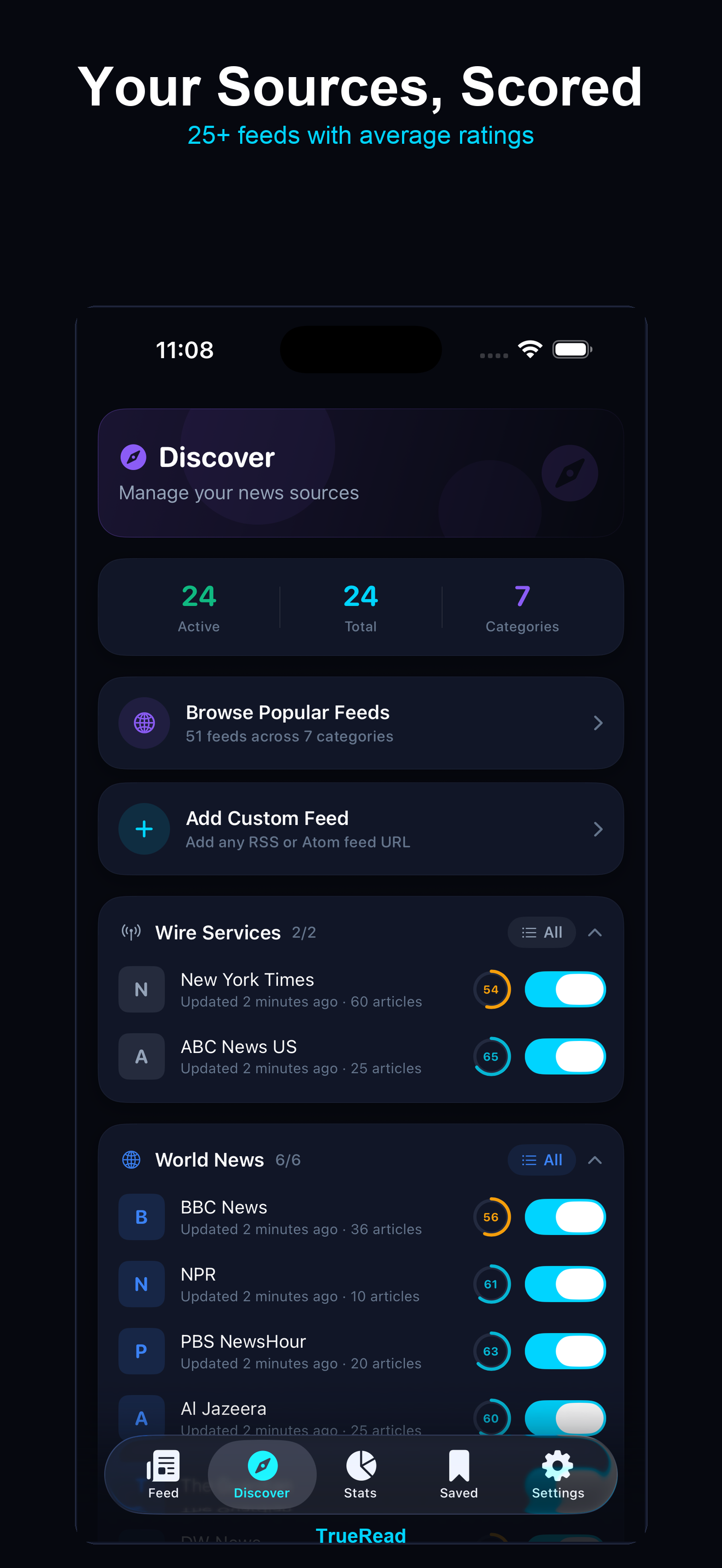 TrueRead Discover — browse sources and topics
