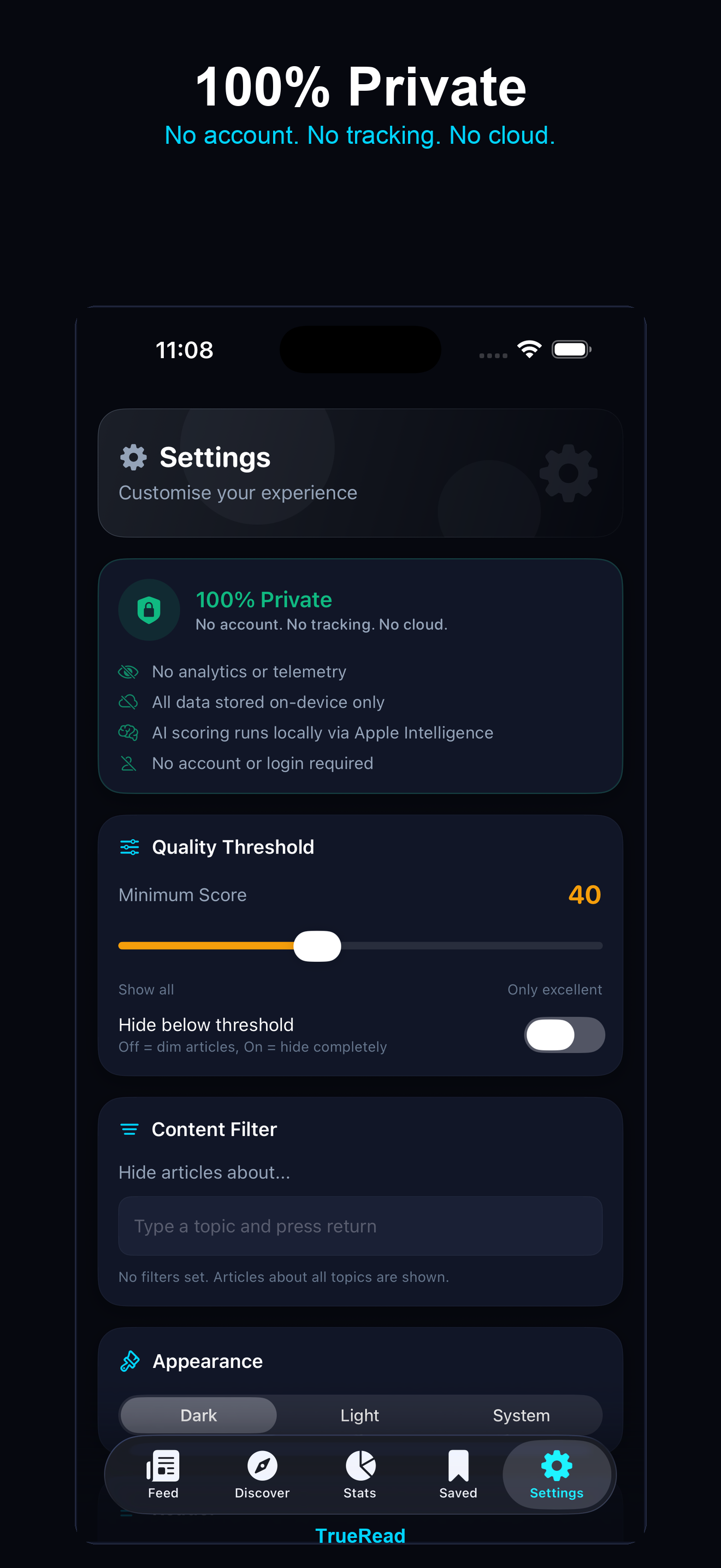 TrueRead Settings — quality threshold and preferences